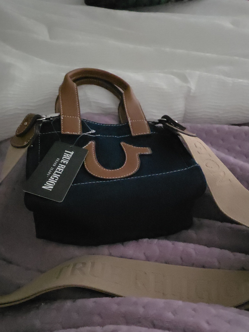 True Religion Navy Mini Canvas Satchel with Tan Leather Trim